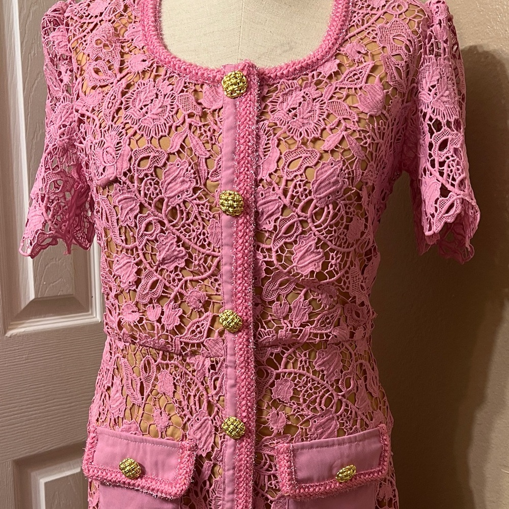 Self-Portrait Pink Lace Midi Dress belt is missing size M - Picture 3 of 12